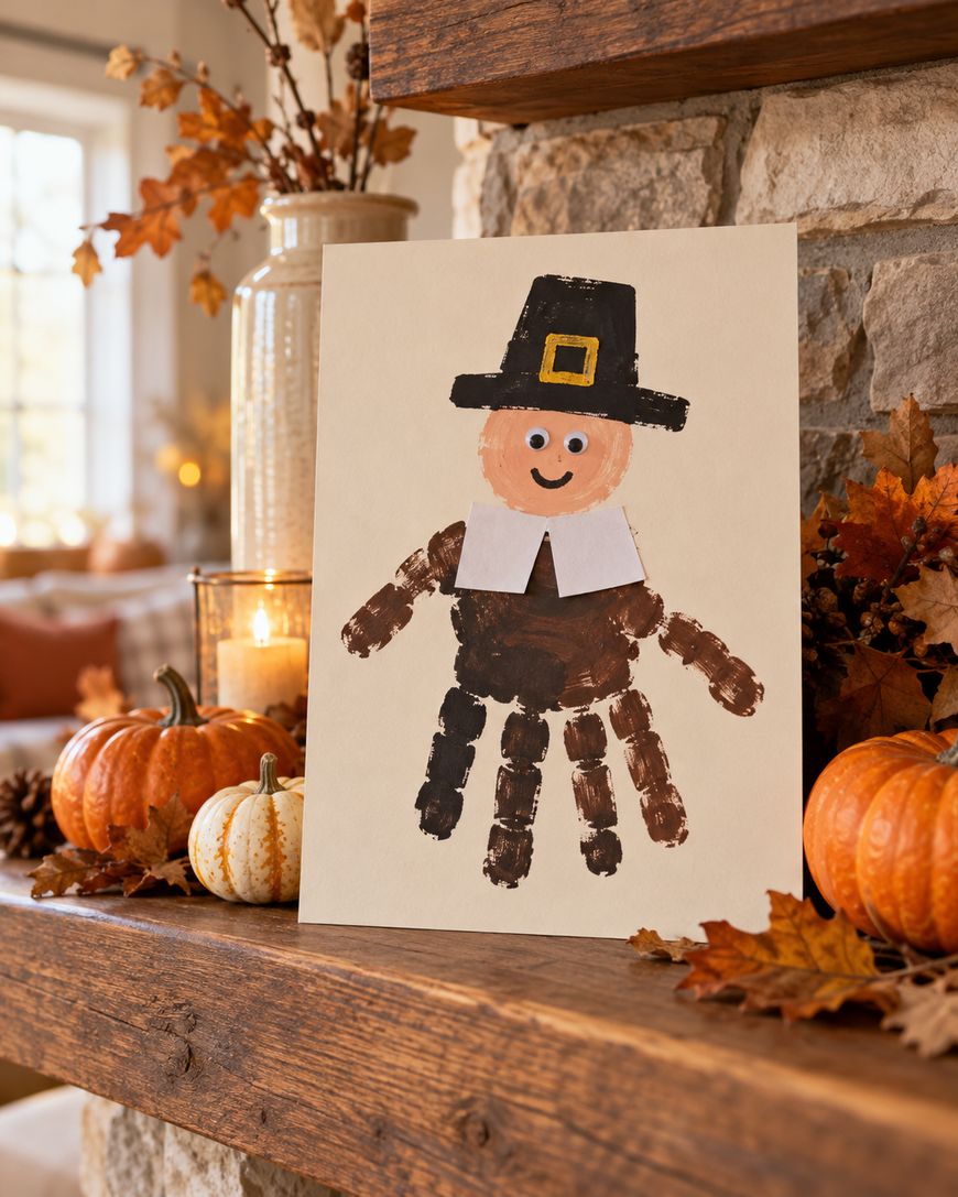 A handprint craft of a pilgrim wearing a paper hat and collar, displayed on a fireplace mantel surrounded by pumpkins and fall leaves.