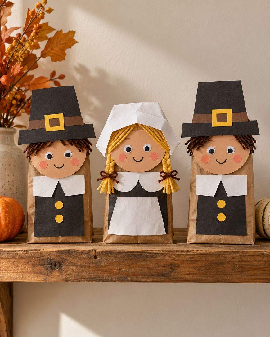 Three craft figures made from brown paper bags, designed to look like two pilgrims in black hats and one woman in a white bonnet, standing on a wooden shelf.