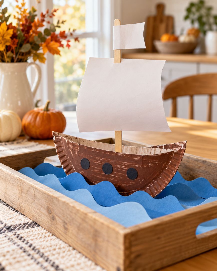 A toy ship made from a brown paper plate and a wooden craft stick sail, sitting in a wooden tray with blue paper waves.