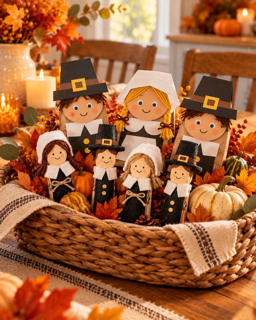 A wicker basket filled with fall foliage, small pumpkins, and handmade paper bag and clothespin pilgrim figures.