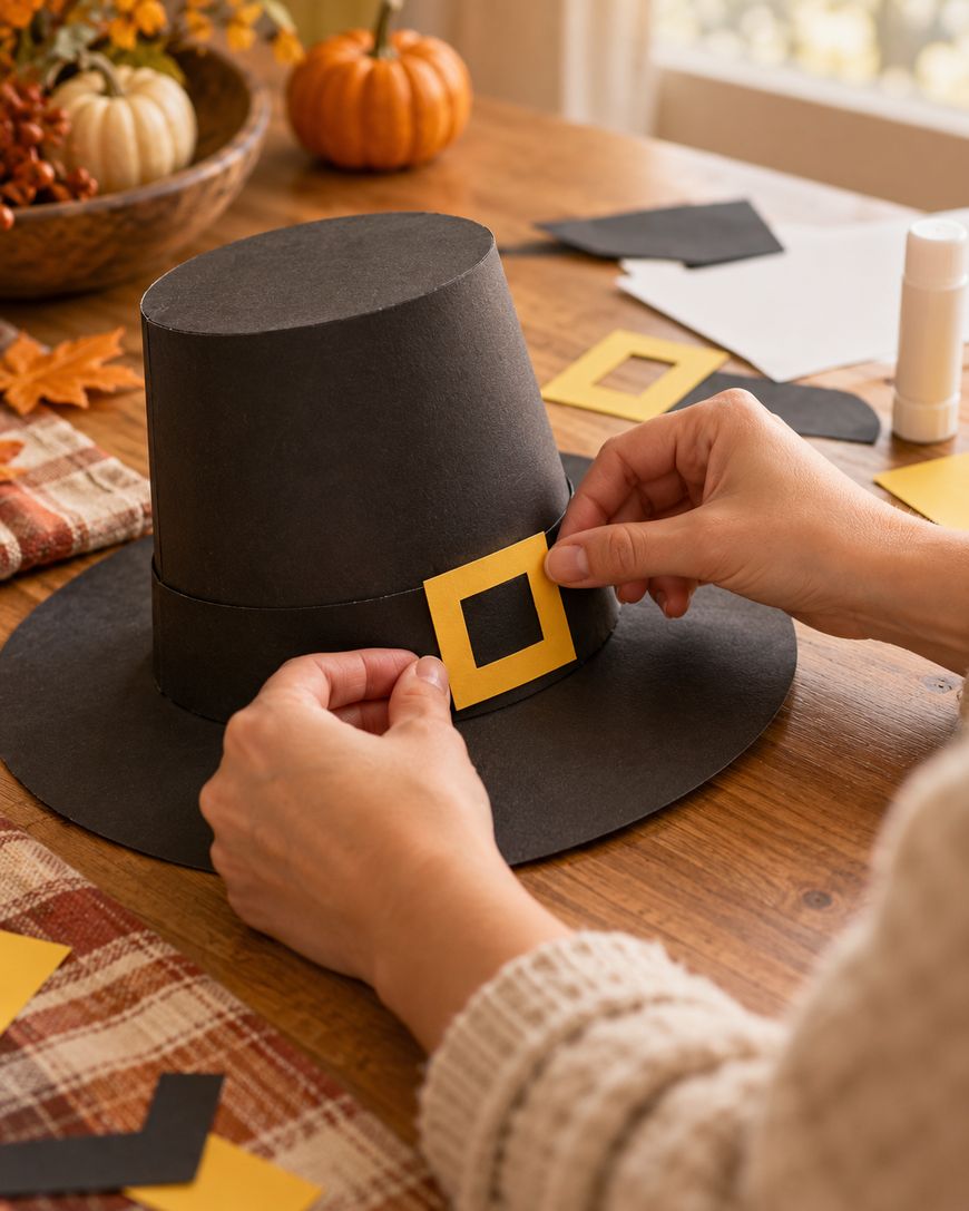 Hands assembling a black paper pilgrim hat with a yellow buckle on a wooden table.