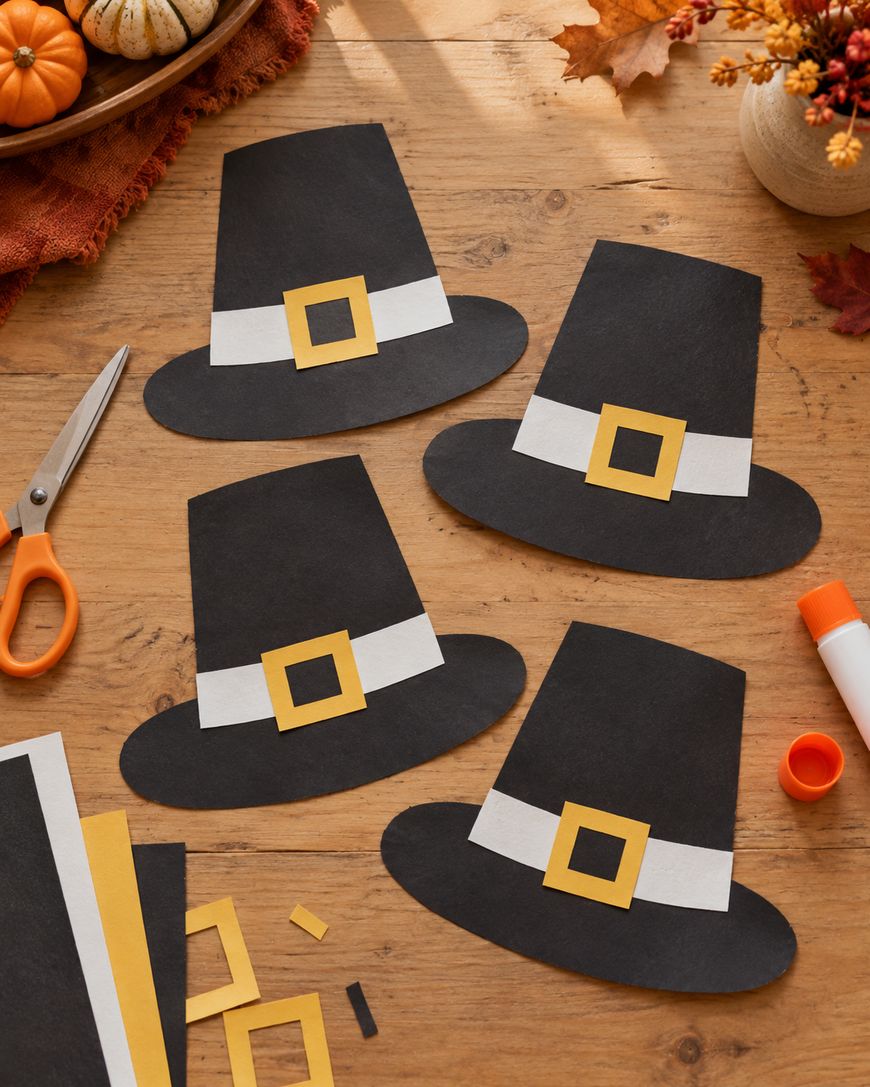 Four handmade paper pilgrim hats with white bands and yellow buckles arranged on a wooden table with scissors, glue, and paper scraps.