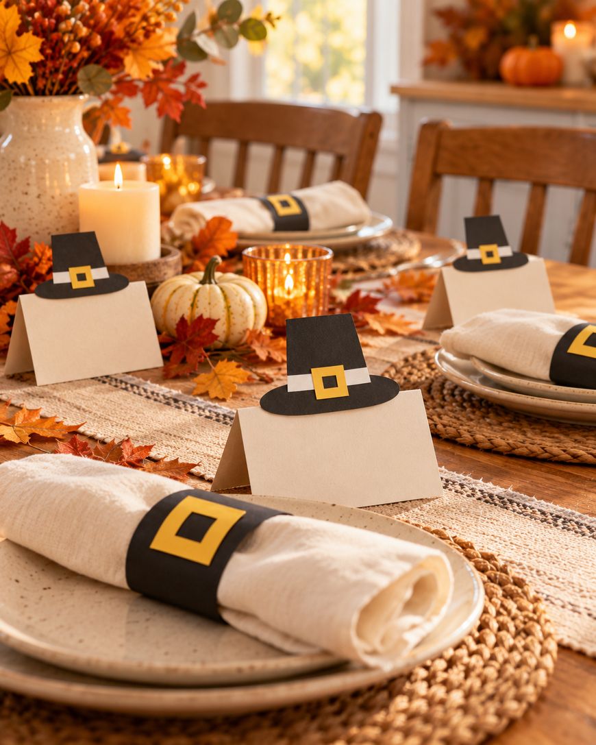 Place settings at a dining table featuring napkins held by pilgrim hat rings and matching name cards topped with small paper pilgrim hats.