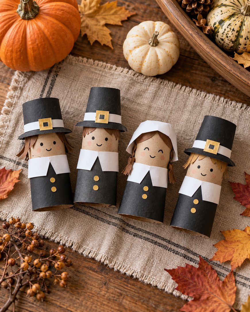 Four pilgrim figures made from toilet paper rolls and construction paper arranged on a linen cloth surrounded by miniature pumpkins and fall leaves.