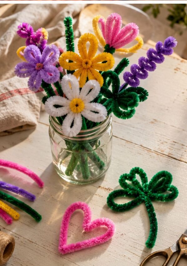 A glass jar filled with assorted pipe cleaner flowers, with loose pipe cleaner shapes and scissors on a wooden table.