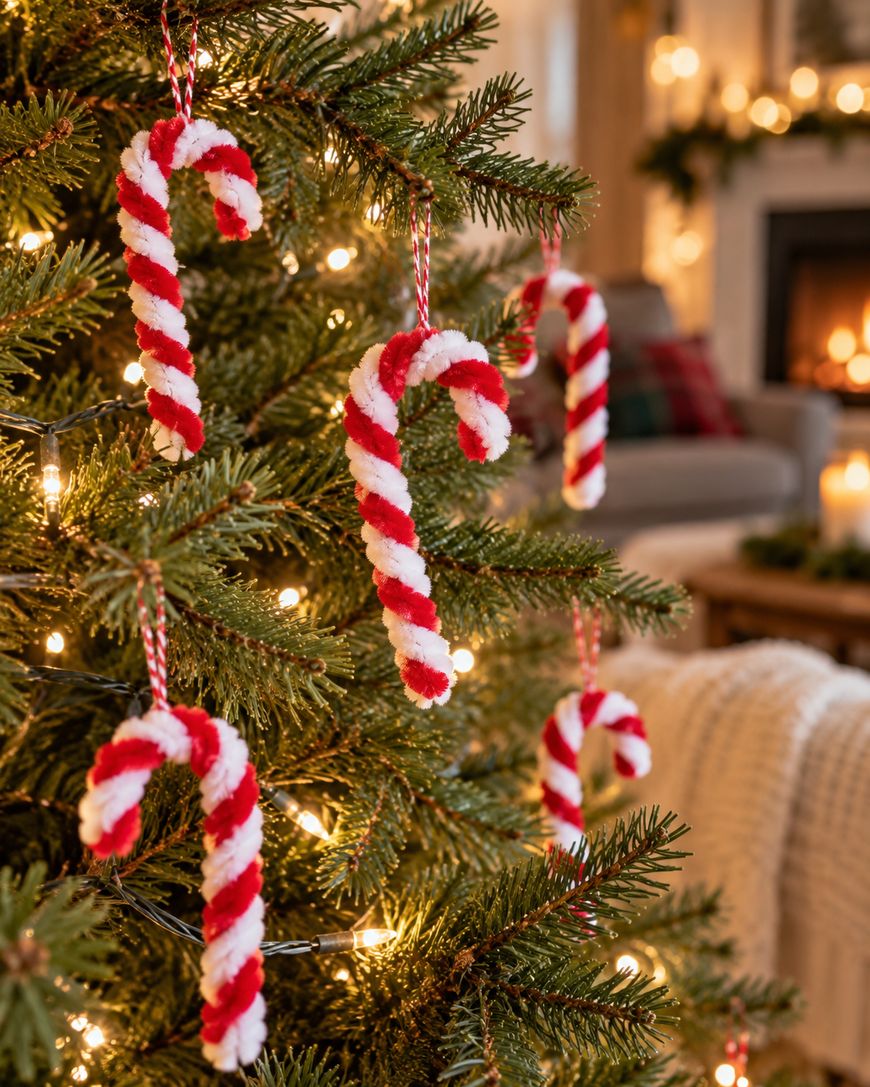 Red and white fuzzy candy cane ornaments hanging on a lit Christmas tree.