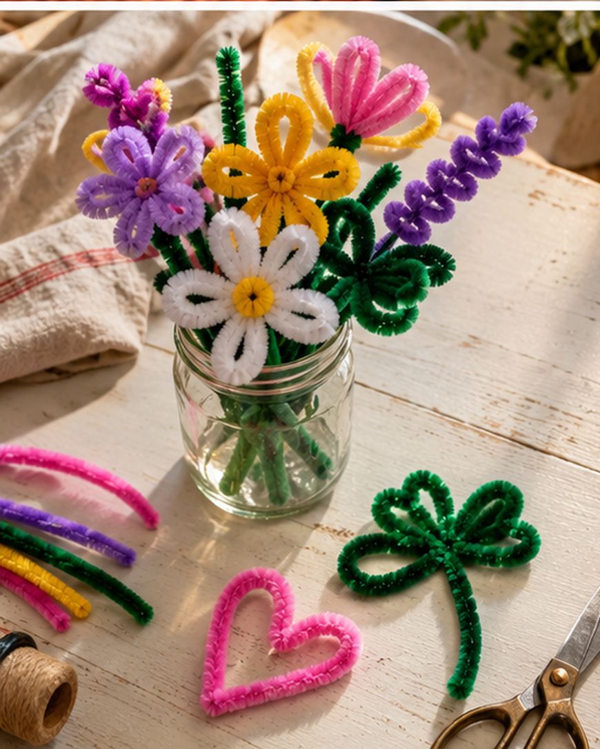 A glass jar holding a bouquet of colorful pipe cleaner flowers, with additional pipe cleaner shapes including a heart and a clover lying on the wooden table nearby.
