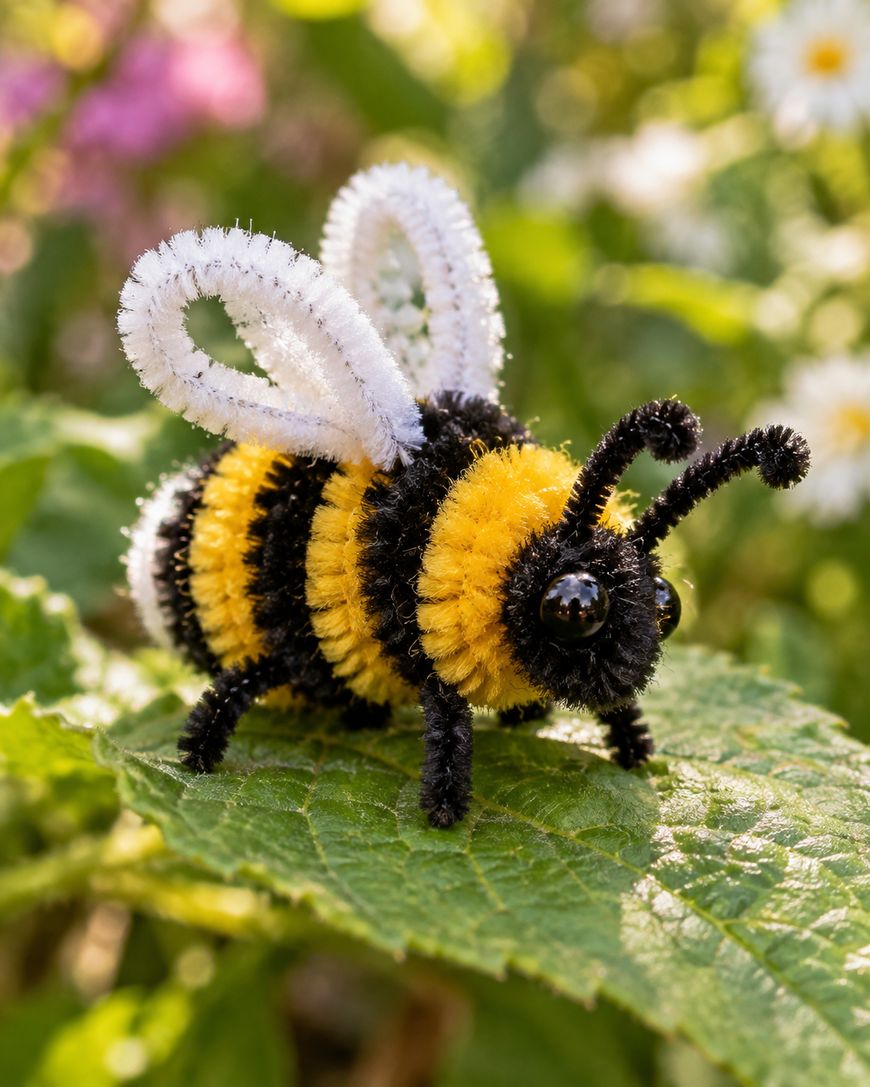 A bee craft made of yellow and black pipe cleaners with white pipe cleaner wings, resting on a green leaf.