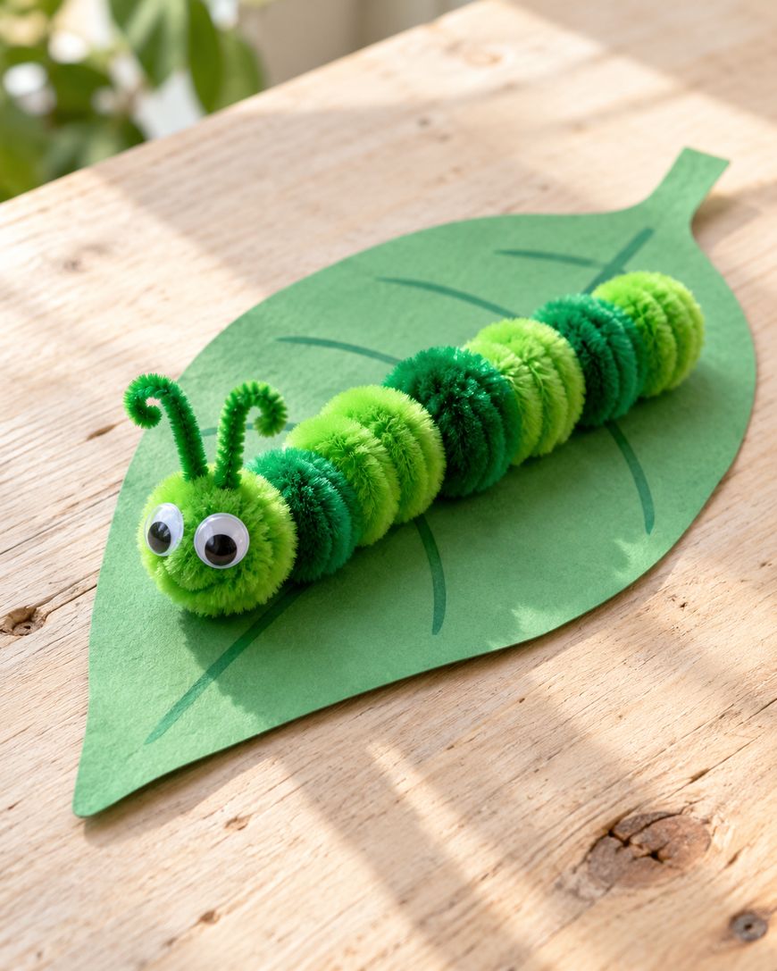 A toy caterpillar made of green pom-poms with googly eyes and pipe cleaner antennae, resting on a paper cutout of a leaf.