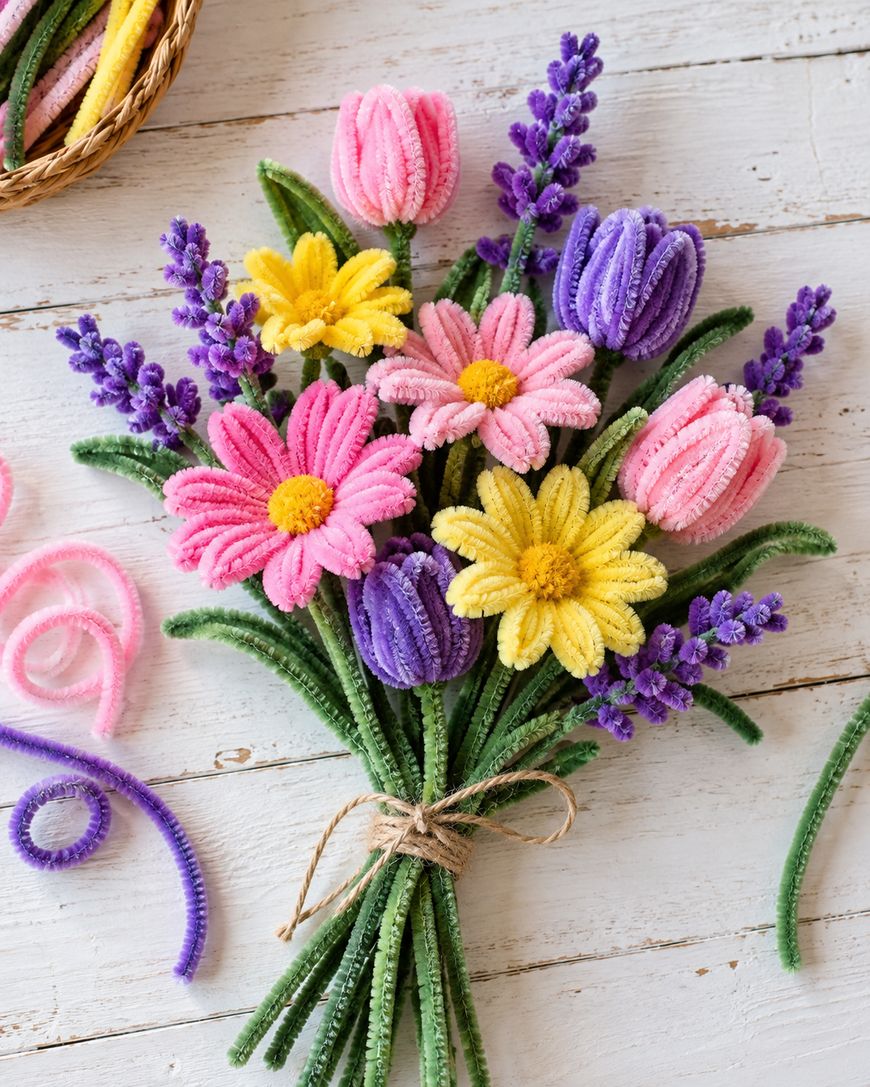 A bouquet of pipe cleaner flowers including daisies, tulips, and lavender stalks, tied with twine on a white wooden surface.