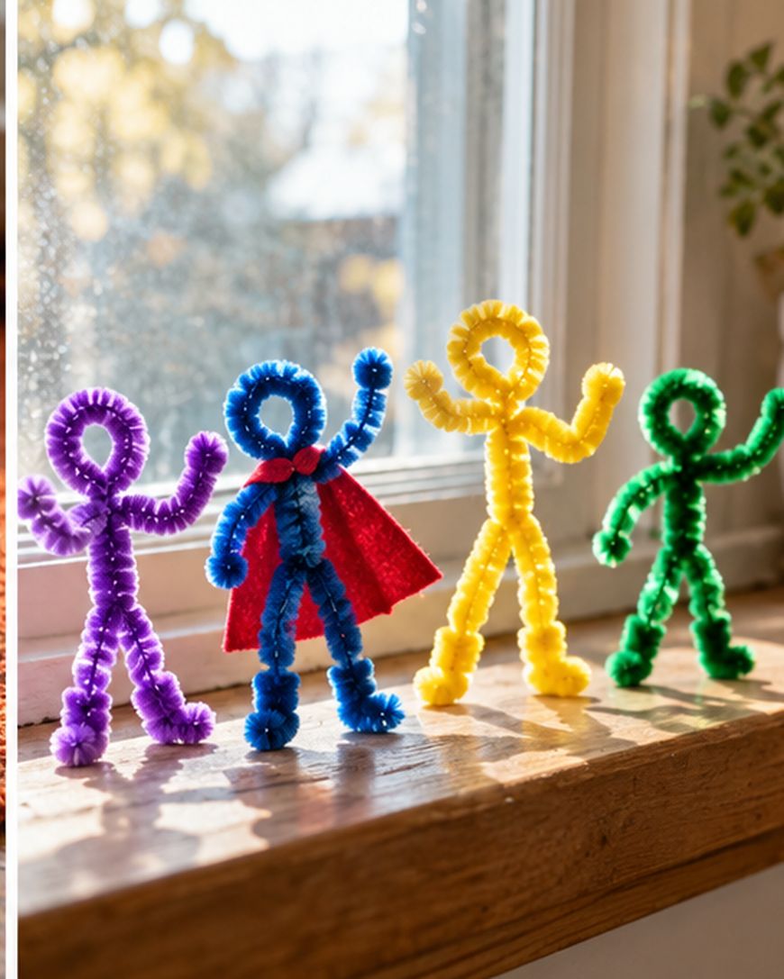 Four pipe cleaner figures standing on a windowsill, including one blue figure wearing a red felt cape.