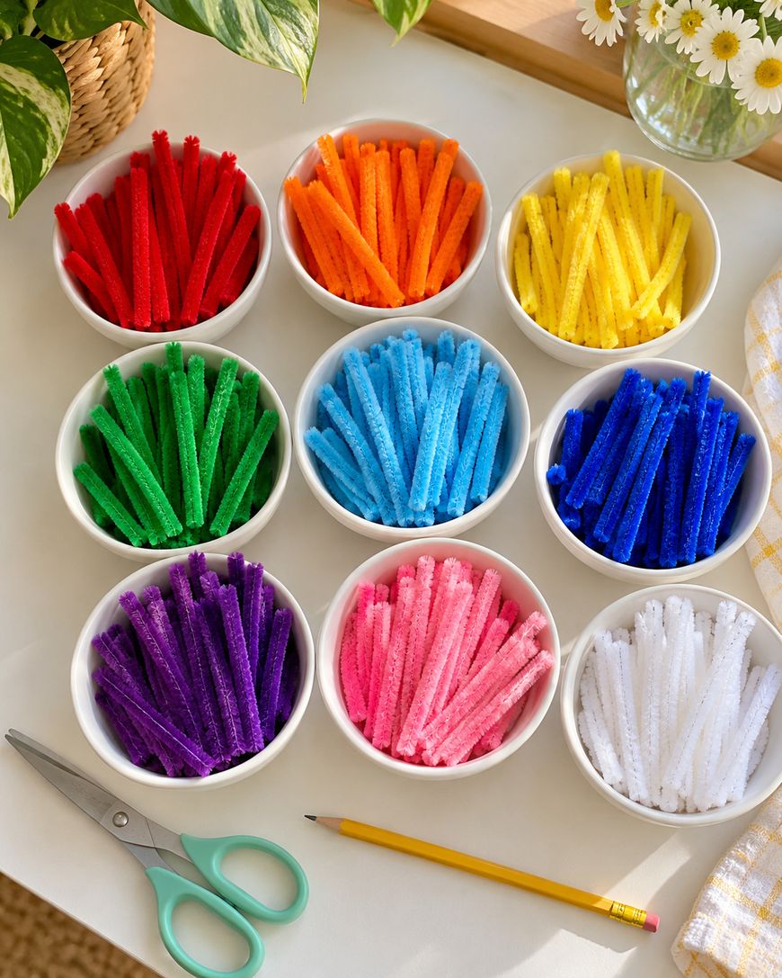 Nine small white bowls filled with pipe cleaners in a rainbow of colors, arranged in a grid on a white surface with scissors and a pencil.