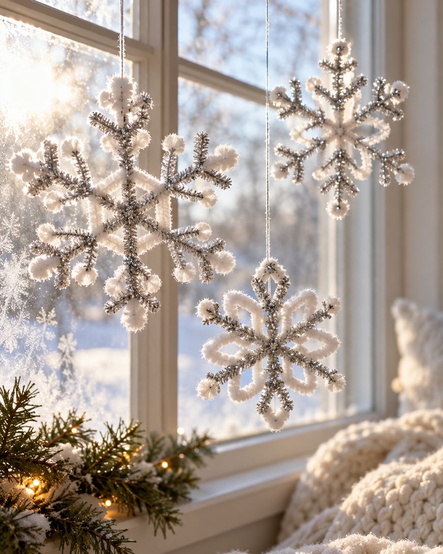 Three decorative, glittery snowflake ornaments hang in a sunlit window above a snowy, frosted landscape.
