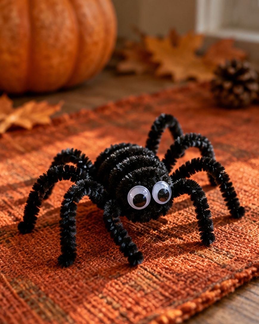 A craft spider made of black pipe cleaners with large googly eyes sitting on an orange textured mat.