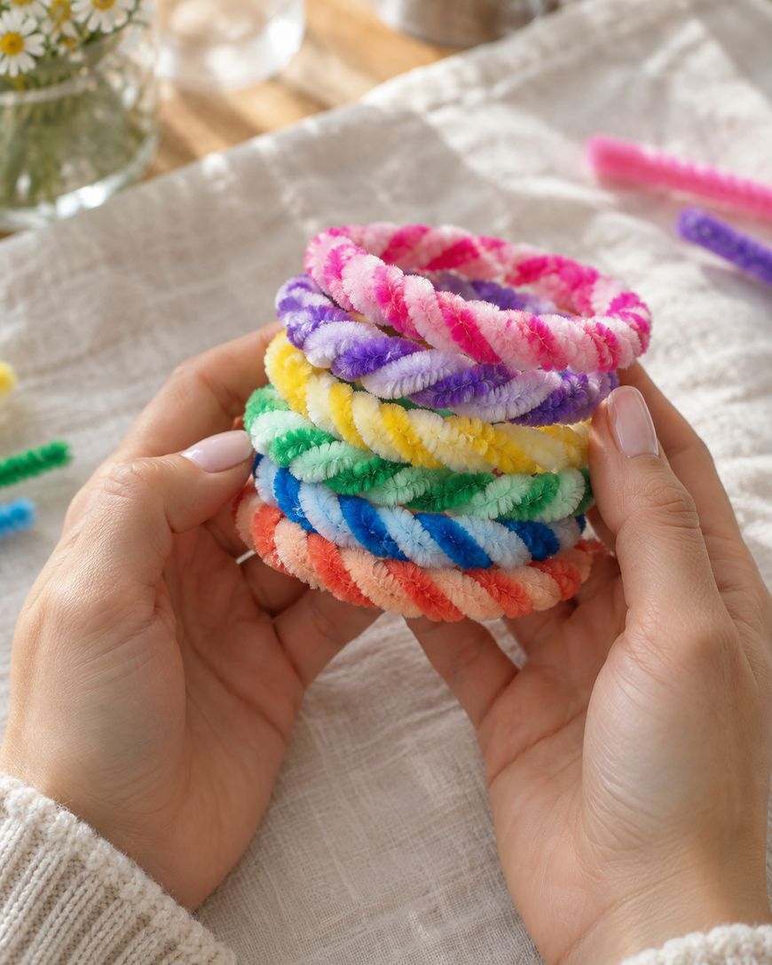 Two hands holding a stack of colorful, striped fuzzy pipe cleaner rings.