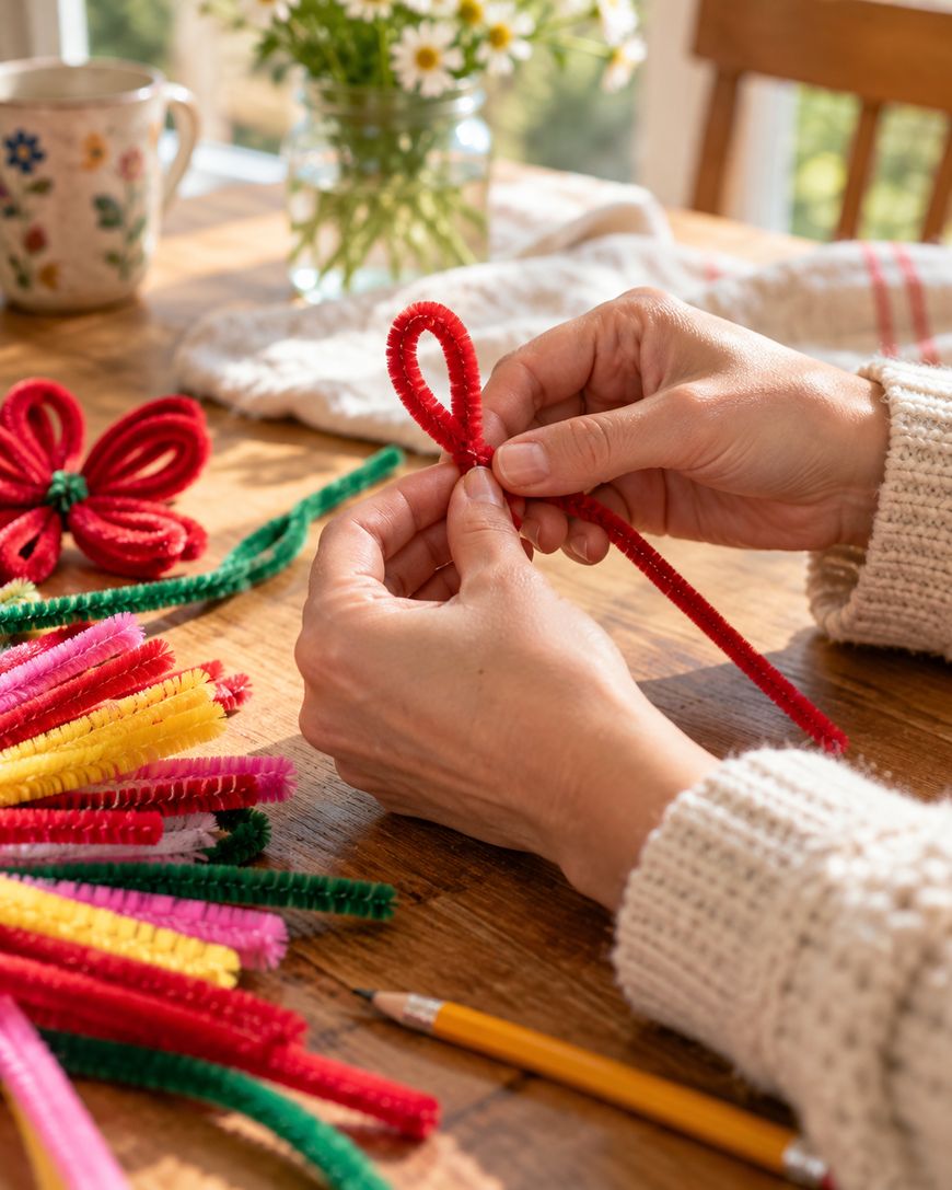 Hands crafting a flower petal out of a red pipe cleaner on a wooden table, with a finished flower and a bundle of colorful pipe cleaners nearby.