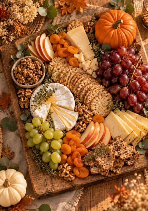 A wooden serving board filled with brie, sliced cheeses, green and red grapes, apple slices, dried apricots, walnuts, and crackers, accented with a small pumpkin and sprigs of herbs.