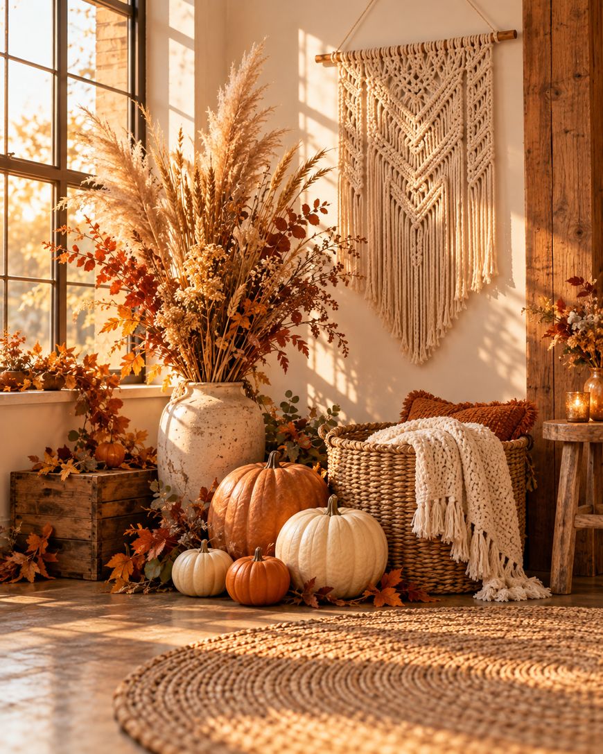 A large ceramic vase filled with dried autumn foliage sits beside a basket with blankets, several pumpkins, and a macramé wall hanging.