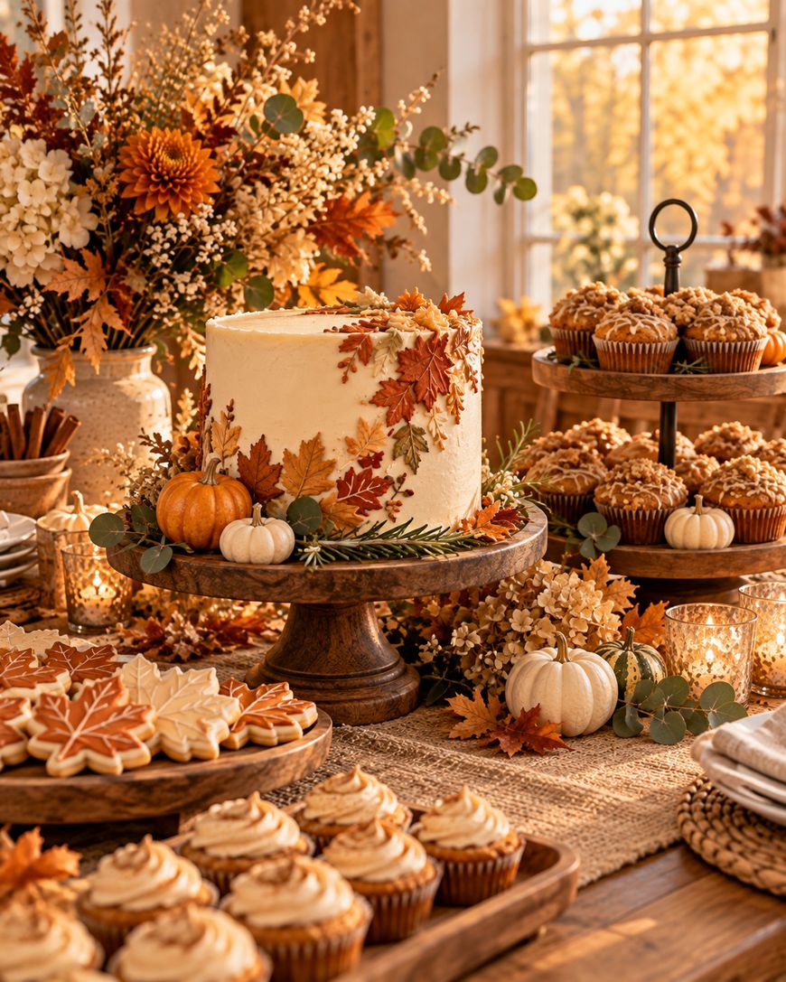 A cream-frosted cake decorated with fall leaves sits on a wooden pedestal, surrounded by autumn-themed cookies, cupcakes, and small pumpkins.