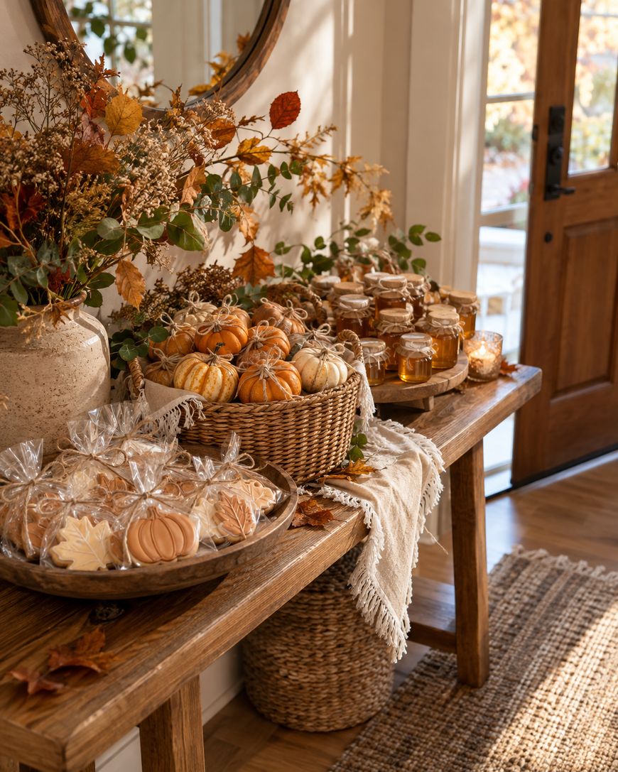 A wooden entryway table decorated with small pumpkins in a basket, jars of honey, and a platter of leaf-shaped cookies, with dried autumn foliage in a vase.