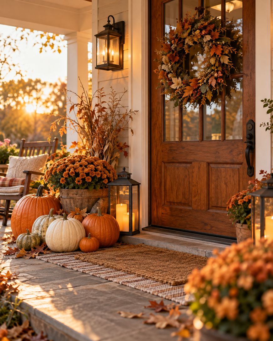 Front porch decorated for autumn with pumpkins, potted chrysanthemums, lanterns, and a fall foliage wreath on the wooden door.