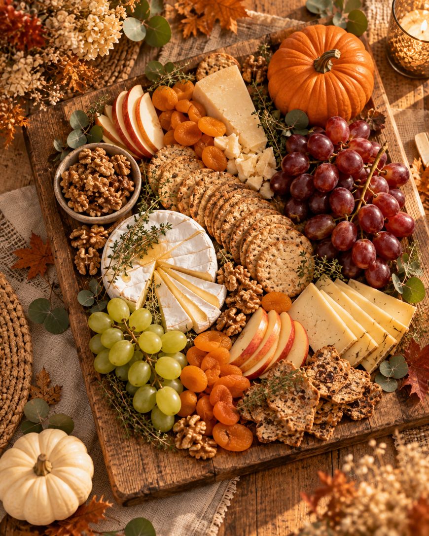A wooden board filled with a variety of cheeses, crackers, red and green grapes, dried apricots, walnuts, sliced apples, and a small pumpkin.