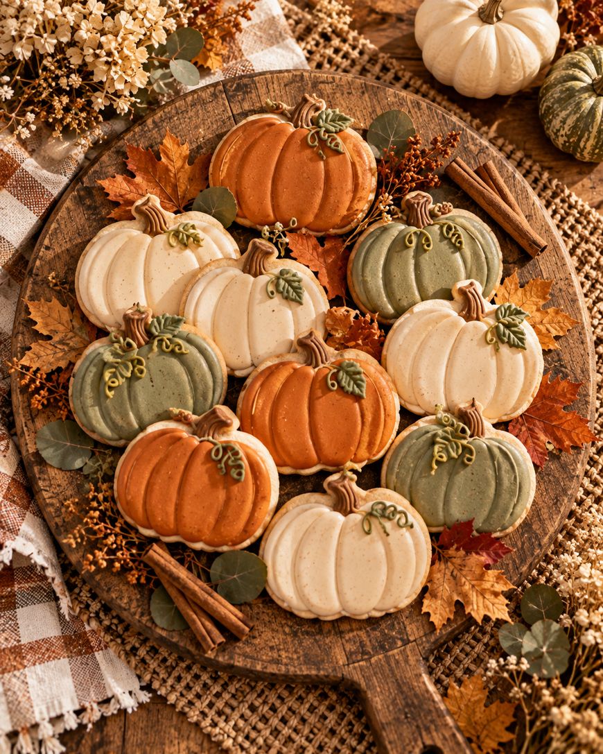 A wooden board topped with pumpkin-shaped sugar cookies in orange, green, and cream, decorated with icing stems and leaves.