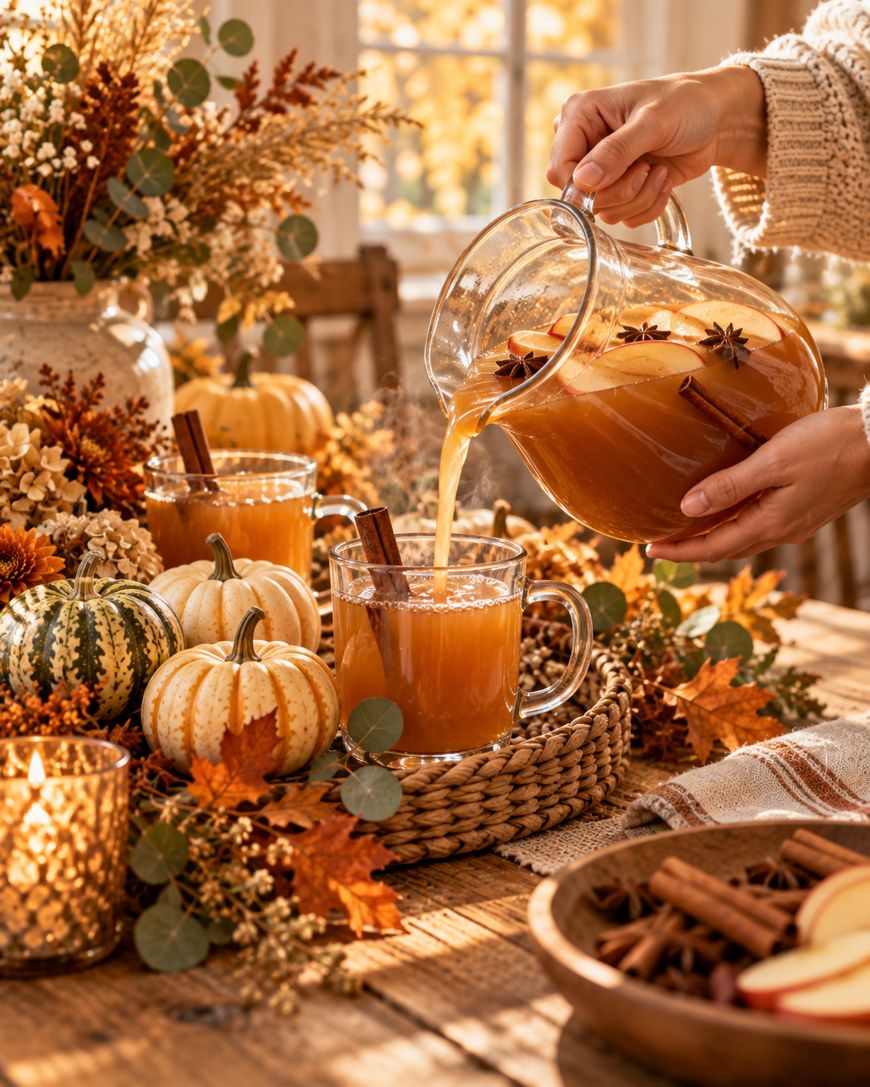 Hands pouring spiced apple cider from a glass pitcher into a mug on a table decorated with pumpkins, autumn leaves, and cinnamon sticks.