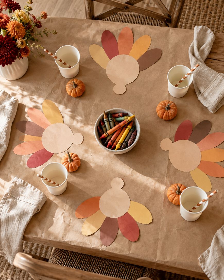 A craft table covered in brown paper set for four, featuring paper turkey cutouts, small pumpkins, and a bowl of crayons.