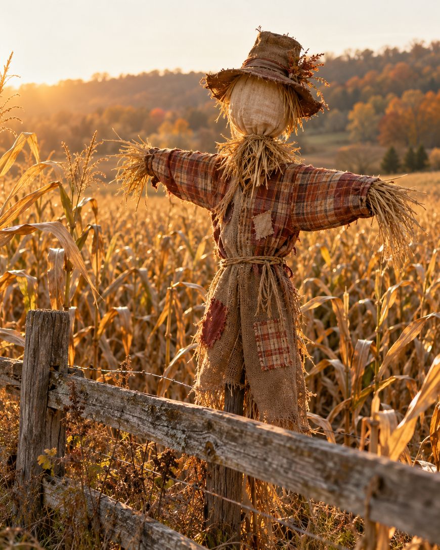 A scarecrow wearing a plaid shirt and hat stands in a cornfield behind a wooden fence at sunset.