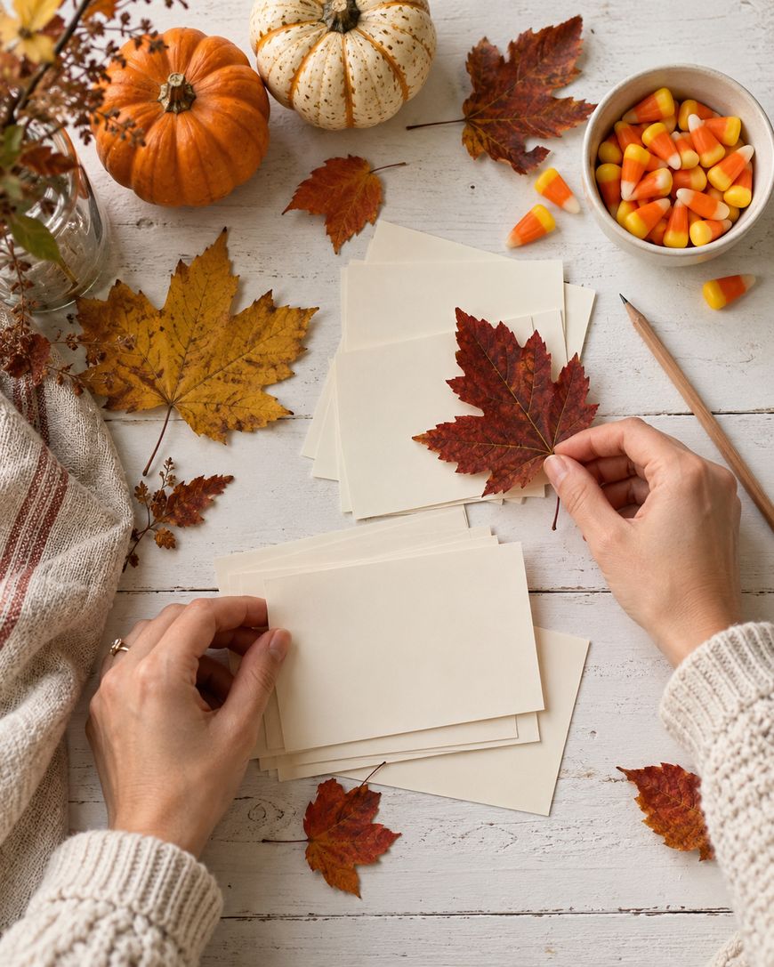 Hands placing a red maple leaf onto a stack of blank note cards on a wooden table decorated with pumpkins and candy corn.