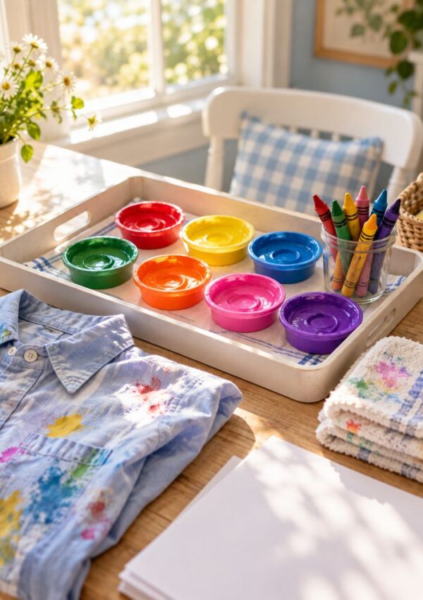 A wooden tray holds six colorful paint cups in a rainbow arrangement and a glass jar of crayons, next to a paint-splattered shirt and a stack of towels on a table.