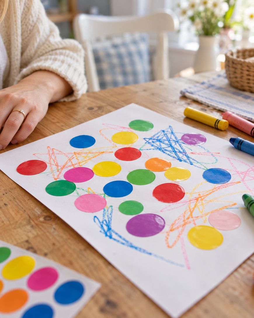 A sheet of paper featuring a grid of colorful stickers and scribbled crayon marks, with a partial sheet of stickers in the foreground.