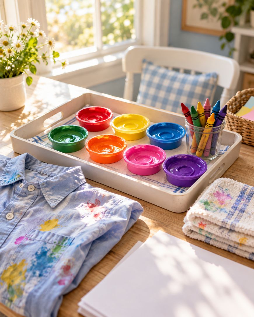 A tray holds six small, colorful paint cups and a glass jar filled with crayons, sitting on a table next to a paint-splattered shirt and folded towels.