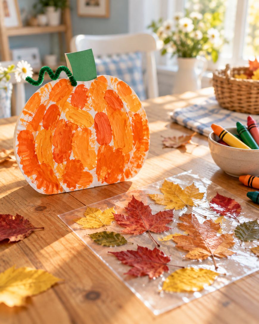 A hand-painted paper pumpkin cutout sitting on a wooden table next to a sheet of clear plastic covered in pressed autumn leaves.