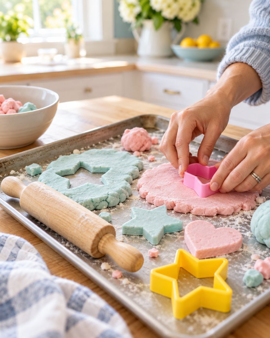 Hands pressing a star-shaped cookie cutter into pink dough on a baking sheet with other cut-out shapes and a wooden rolling pin.