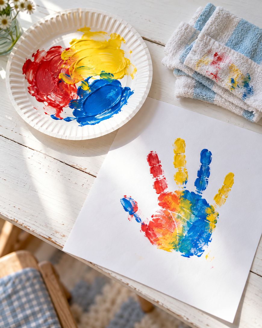 A multicolored handprint in red, yellow, and blue paint on white paper, with a paper plate of the same paint colors nearby.