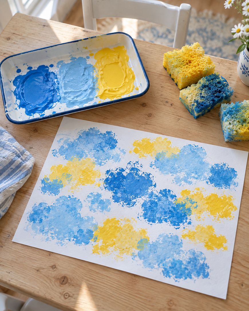 A piece of paper painted with blue and yellow sponge-stamped patterns, with a paint tray and paint-covered sponges on a wooden table.
