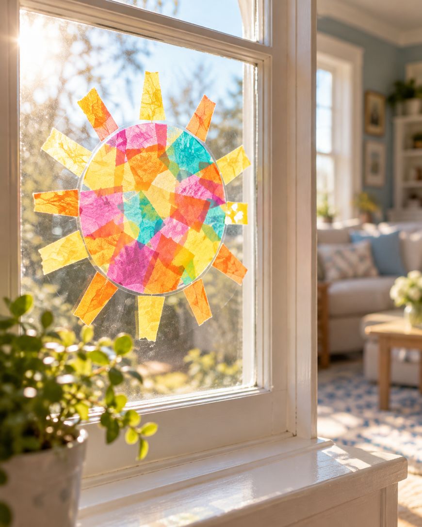 A sun-shaped craft made of colorful tissue paper squares taped to a window.