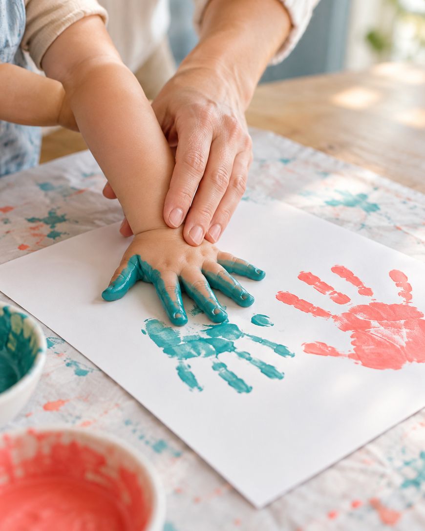 An adults hand guides a childs painted hand onto a piece of paper to make a blue handprint next to a red one.