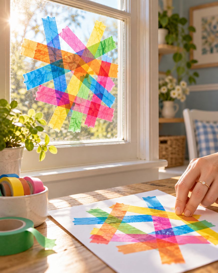 A hand arranges colorful strips of translucent tape on a white paper, while a matching pattern is stuck to the window pane.