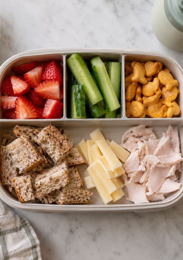 A divided snack box containing sliced strawberries, cucumber sticks, cheese crackers, toasted bread cubes, cheese sticks, and deli turkey.