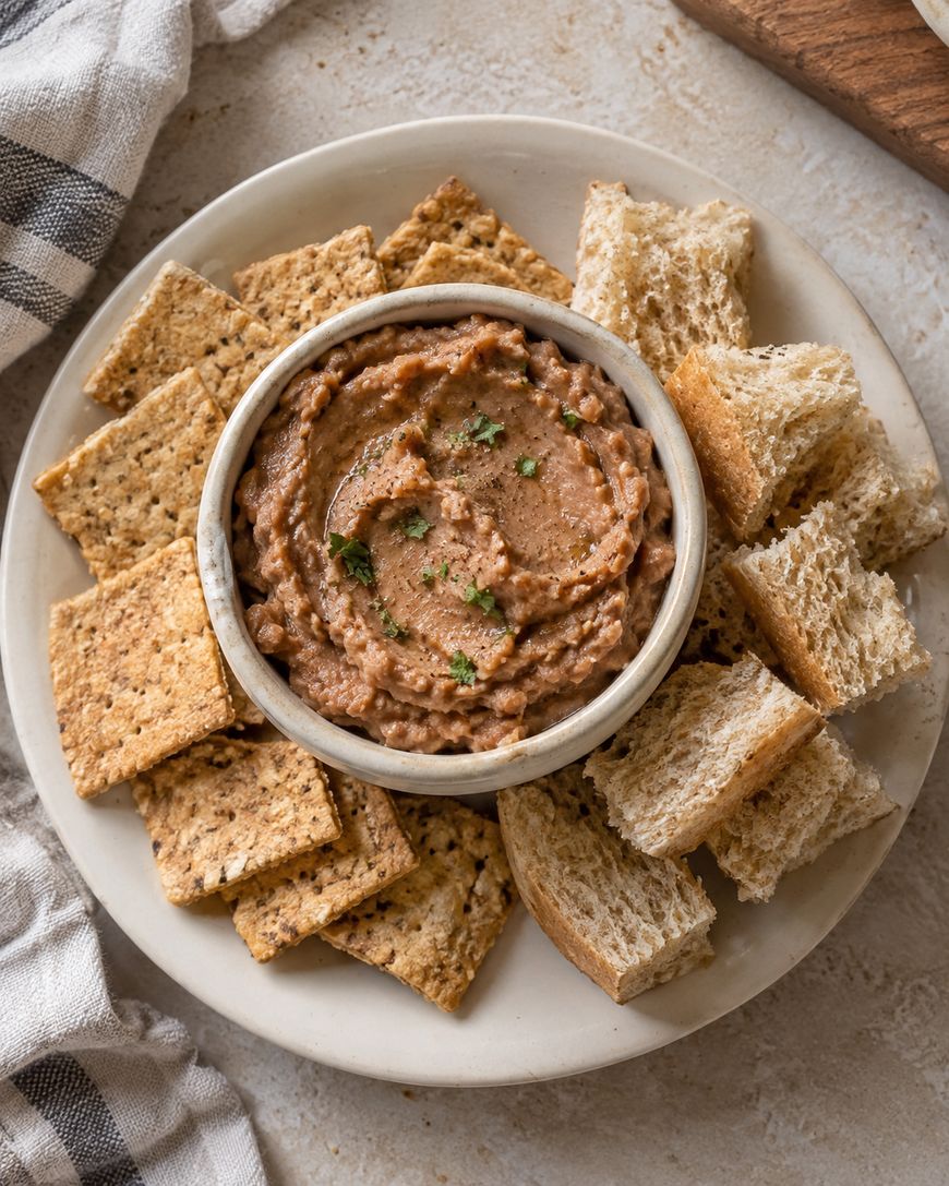 A small bowl of bean dip garnished with herbs, surrounded by assorted crackers and cubed bread on a plate.