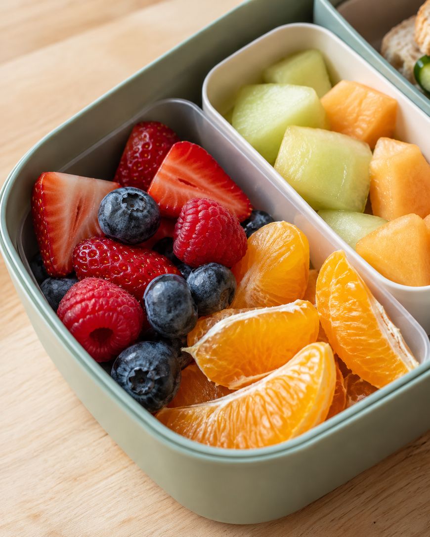 A light green bento box filled with fresh strawberries, blueberries, raspberries, mandarin orange segments, and cubed melon.