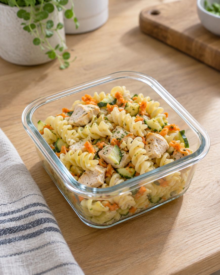Glass container of rotini pasta salad with diced chicken, zucchini, and carrots on a wooden table.