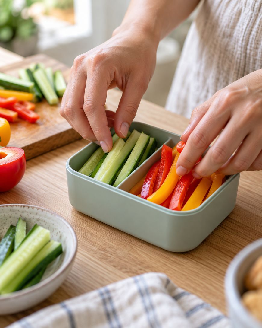 Hands placing sliced cucumbers and bell peppers into a small, divided meal prep container on a wooden table.
