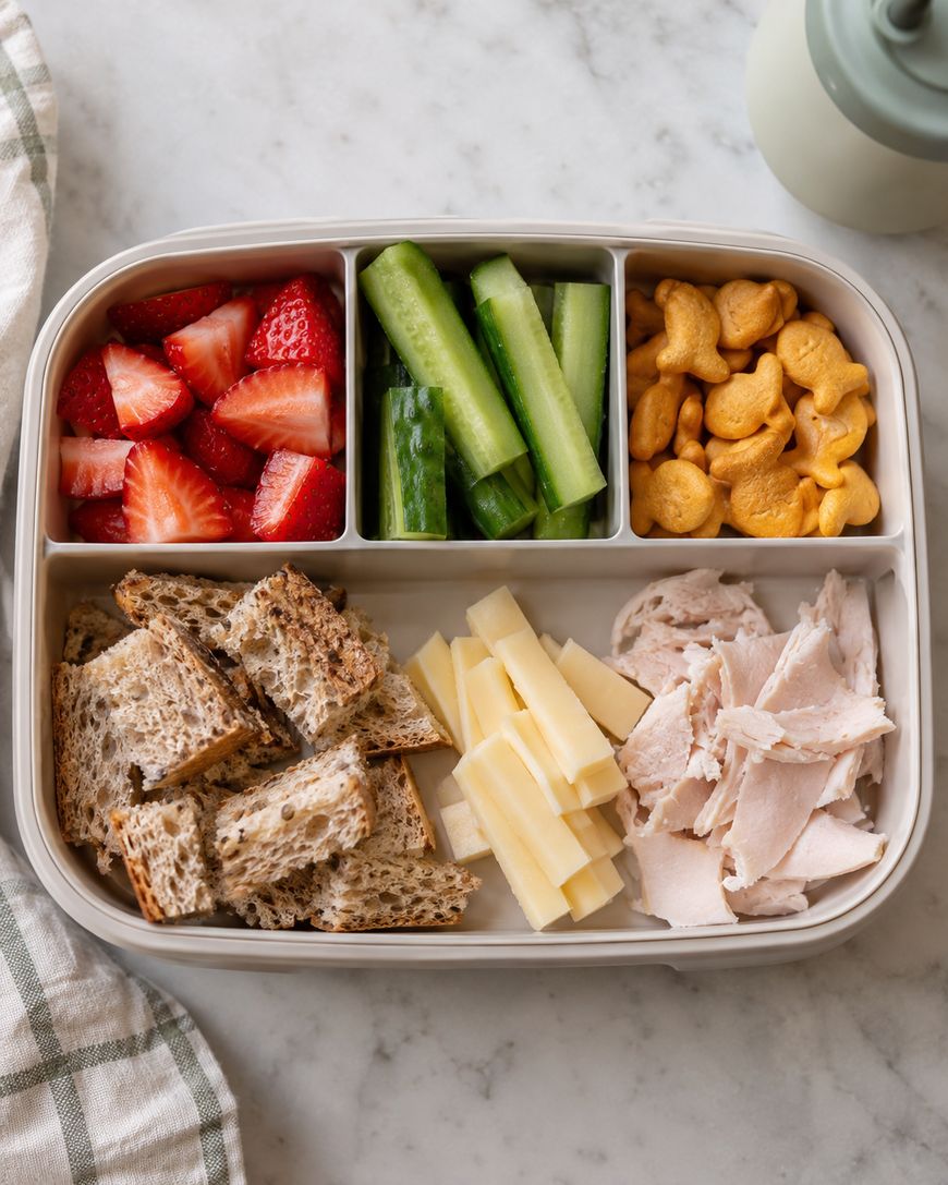 A divided lunch container with sections of sliced strawberries, cucumber sticks, goldfish crackers, toasted bread cubes, cheese sticks, and deli turkey.