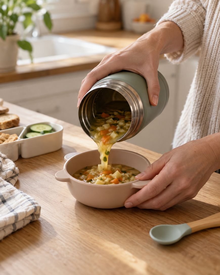 A person pours vegetable soup from a green thermos into a small bowl on a wooden table.