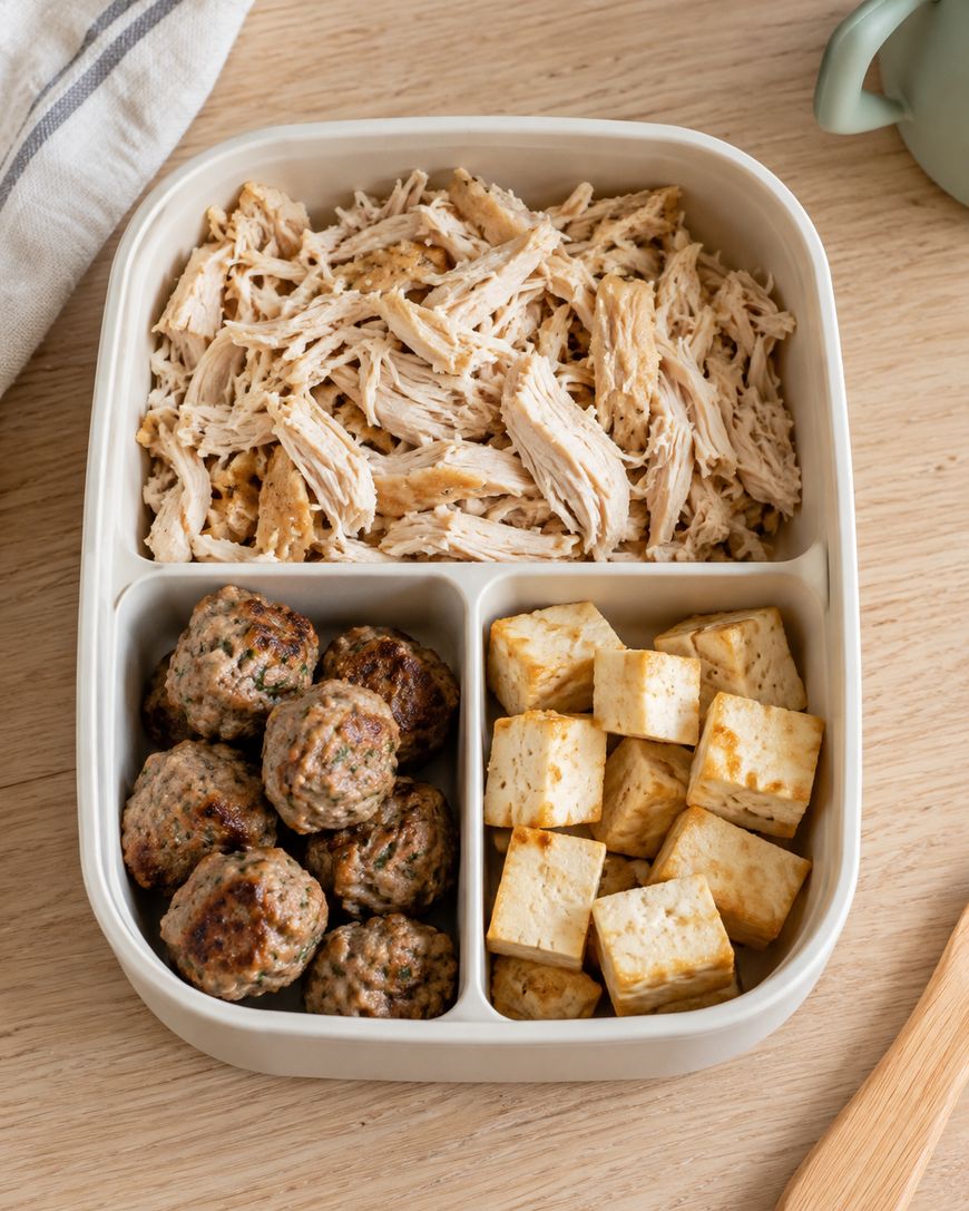 A divided container holding shredded chicken, meatballs, and cubes of tofu.