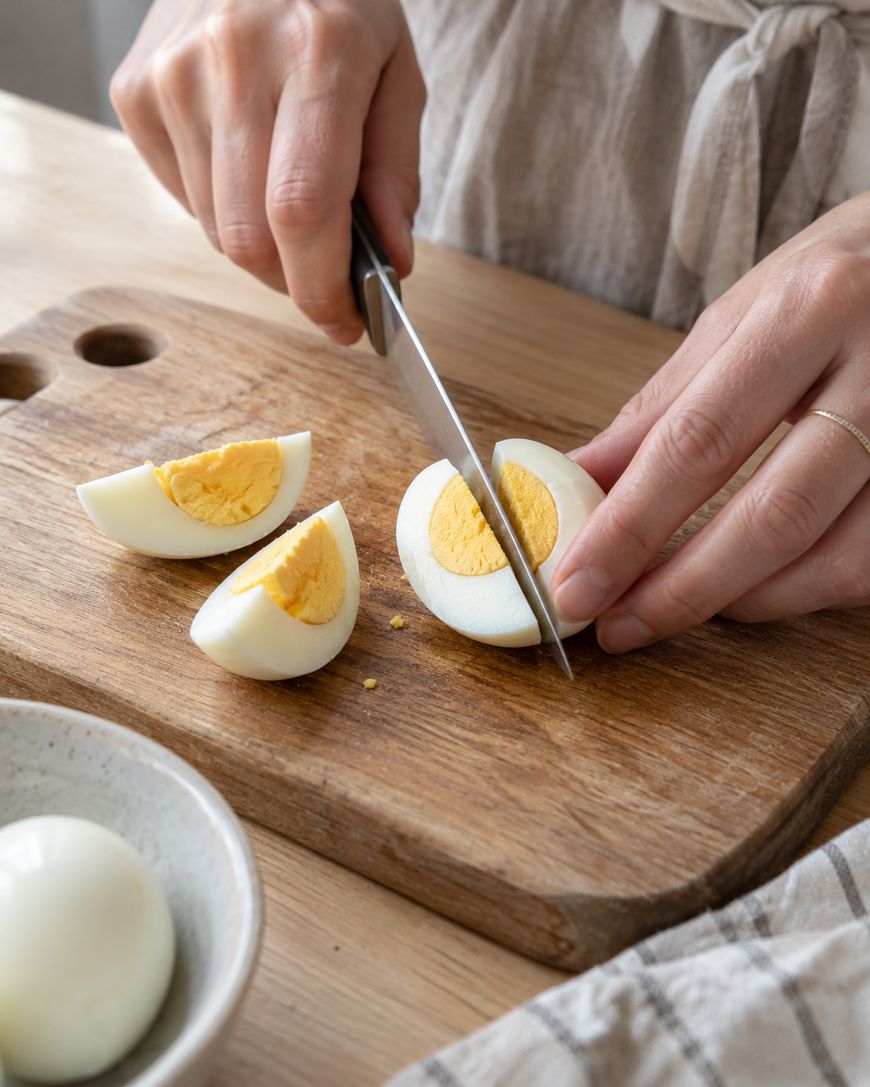 Hands using a knife to cut a hard-boiled egg on a wooden cutting board, with two egg wedges already placed nearby.